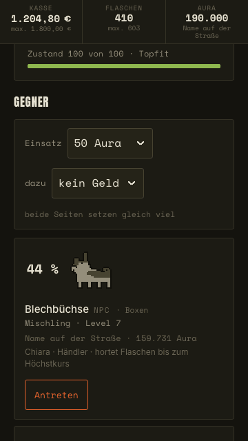 Die Gegnerliste im 1v1 mit Siegchance und Einsatz.