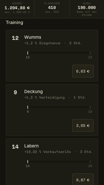 Die Skill-Liste mit Stufe, Wirkung und Preis je Skill.